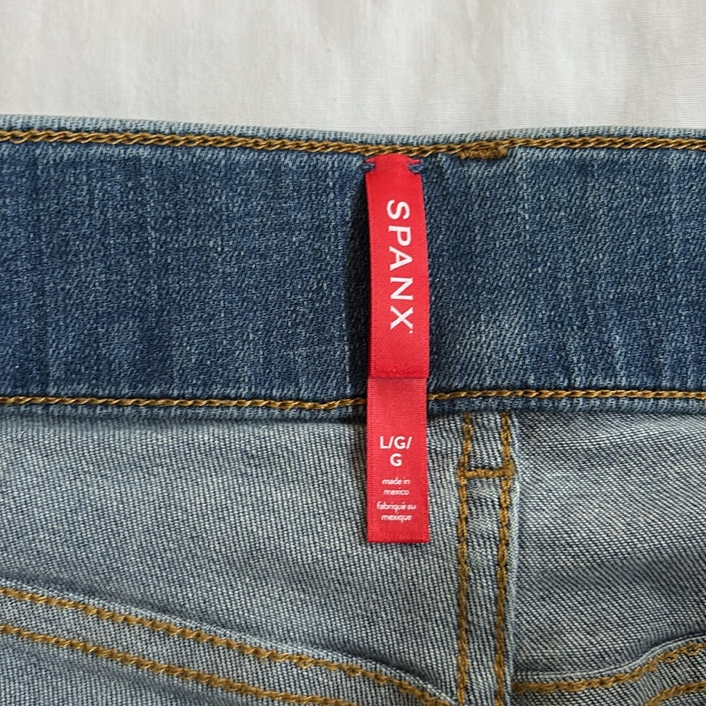 New Vintage Spanx Indigo Denim Blue Jeans Wide Leg Seamed Front Boho Women’s L - Picture 7 of 11